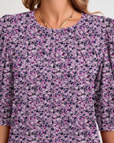 Womens 3/4 Puff Sleeve Pleated Tops Crew Neck Floral Tunic Blouses Dressy Casual T Shirts in Saudi Arabia
