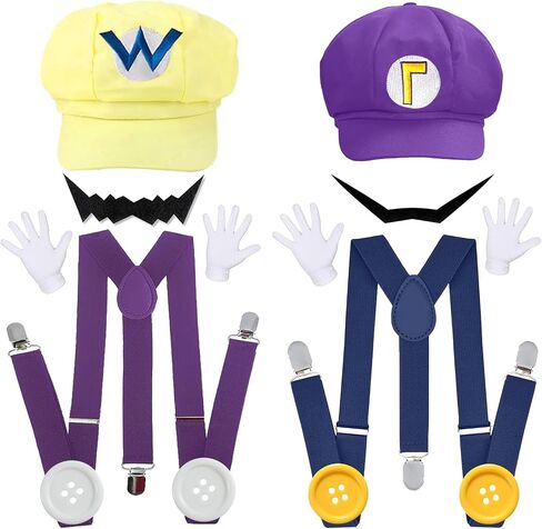 Novelty Wari and Waluig Costume for Adults,Women and Men - Complete Halloween & Cosplay Accessory Set with Hat, Mustache, Gloves, Buttons, and Suspenders in Saudi Arabia