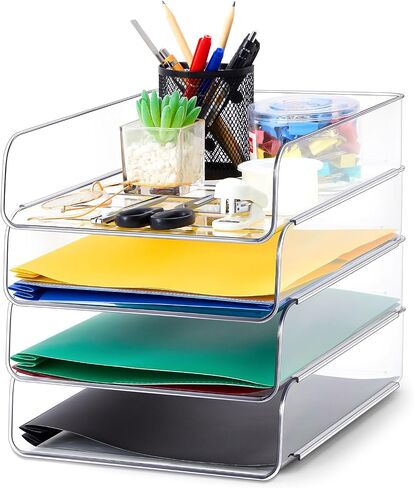 4 Pcs Stackable Clear Letter Trays Organizer for Desk A4 Size File Paper Organizer Acrylic Desk Organizer Trays with Anti Skid Bottom for Home Office School (Vertical Opening Style) in Saudi Arabia
