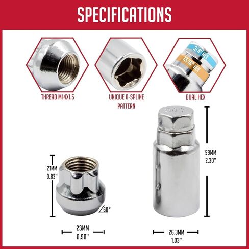Wheel Accessories Parts M14 1.5 14x1.5 Thread Closed End Bulge 1.38" Long Locking Wheel Lug Nuts Lock Black Dual Hex Key 13/16" & 3/4" Fits 2015 + Mustang 2005 + Challenger Charger 300C 2011 + Camaro in Kuwait