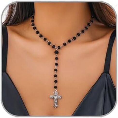 Gothic Cross Necklace Layered Pearl Beads Cross Pendant Necklaces Punk Vintage Cross Chain Necklace Chunky Cross Necklace for Women in Kuwait