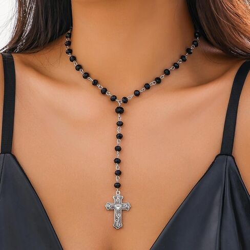 Gothic Cross Necklace Layered Pearl Beads Cross Pendant Necklaces Punk Vintage Cross Chain Necklace Chunky Cross Necklace for Women in Kuwait