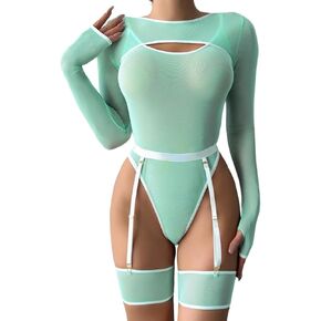 Kaei&Shi Rave Outfits For Women Festival,High Cut Sheer Mesh Bodysuit Night Club,4 Pieces Sexy Lingerie Body Suit