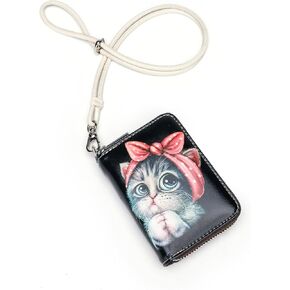 RFID Credit Card Holder Wallets for Women Leather Zipper Card Case for Ladies Holder Wallet with Neck Lanyard Two Owl