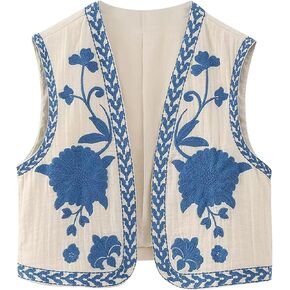 Women's Embroidered Vest Outerwear Vintage Floral Cropped Waistcoat Casual Open Sleeveless Boho Cardigan