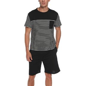 Men's Pajama Set Cotton Pajamas Striped Short Sleeve & Shorts Pjs Sets Sleepwear Summer Lounge Set with Pockets