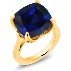 Gem Stone King 18K Yellow Gold Plated Silver Blue Created Sapphire Engagement Ring For Women (14.18 Cttw, 14MM Cushion, Available in Size 5,6,7,8,9)