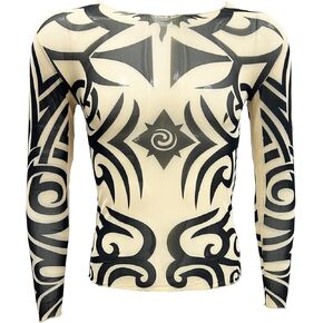 Men's Mesh Fake Tattoo Print Long Sleeve T-Shirt Tribal Inspired Tops Party Cosplay Clubwear