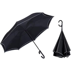 Automatic 50 Inch Inverted Umbrella Reverse Stick Umbrella Double Layers Windproof With C Shaped Handle Windproof Vented Umbrella Can Stand Up on Floor
