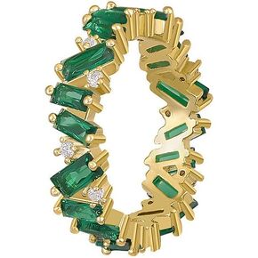 Wavy Emerald Eternity Paved Band Ring,14K Yellow Gold Plated Cubic Zirconia Baguette Cut Green Emerald Eternity Bands for Women