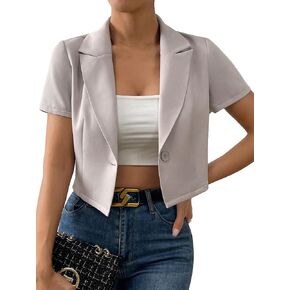 OYOANGLE Women's Button Down Lapel Neck Crop Jackets Short Sleeve Business Blazers