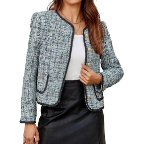 Cicy Bell Womens Cropped Tweed Blazer Jackets Collarless Long Sleeve Work Business Casual Outfits