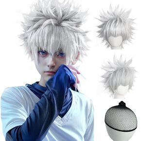 Killua Zoldyck Cosplay Wig for Men Short Silver White Wig for Anime Halloween Costume Party Outfit for Christmas Party Short Wavy Wig Synthetic Wig+ Wig Cap