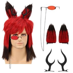 Anime Outfit Short Unisex Red and Brown Cosplay Wig with Devil Horns Detachable Ears Red Monocle with Glasses Chain,Mens Red Wig for Costume Party Halloween Theme Party