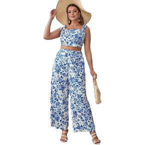 Floerns Women's Plus Size Floral Tie Shoulder Crop Tops Wide Leg Pants 2 Piece Summer Sets