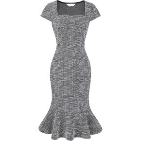 Women's Tweed Fishtail Dress Square Neck Cap Sleeve Formal Work Dresses