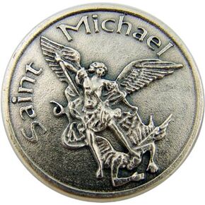 Silver Tone Saint Michael Slaying Dragon Pocket Token Medal, 1 1/8 Inch Y