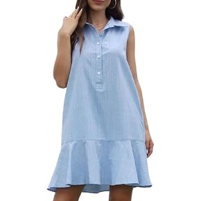 Women's Summer V Neck Button Down Shirt Dress Casual Collared Flowy Cotton Linen Mini Dress with Pockets