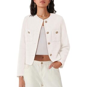 Women's Tweed Jackets Long Sleeve Business Button Down Casual Cropped Blazer with Pockets