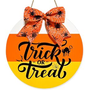 Trick or Treat Welcome Door Sign Door 12" Halloween Wood Sign with Spider Web Pattern Bow Candy Corn Door Hanger Sign Front Door Decor for Halloween Home Outdoor Garden Porch Wall Decoration