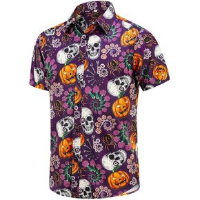EUOW Halloween Button Down Shirts for Men Fun Skeleton Printed Casual Short Sleeve Hawaiian Tropical Novelty Shirt
