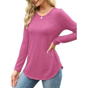 OFEEFAN Womens Long Sleeve Tops Casual Textured Crewneck Shirts Lightweight Trendy Fashion 2024