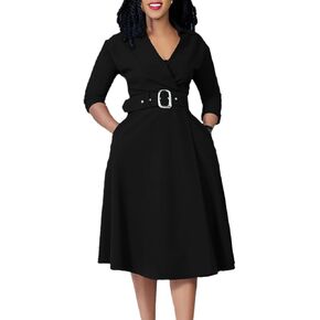 فستان Elainone نسائي 3/4 كم واسع على شكل حرف A لحفلات الزفاف وفساتين السيدات شبه الرسمية للمكتب مع حزام in Kuwait