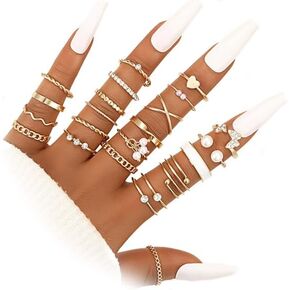 FUTIMELY 24Pcs Gold Knuckle Joint Midi Ring Set, Vintage Stackable Pearl Cubic Zirconia Heart Finger Ring, Dainty Crystal Jewelry Gift for Women Teen Girls