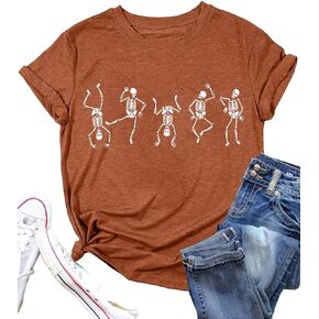 Dancing Skeleton Shirt Women Halloween Skull Tshirt Funny Skeletons Graphic Tee Fall Casual Novelty Short Sleeve Tops