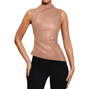 قميص CORIRESHA نسائي من الجلد الصناعي مطوي بدون أكمام ورقبة وهمية غير متماثلة in Kuwait