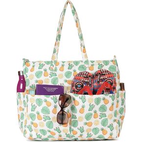 Beach Tote Pool Zippered Bags Water Repellent Family Size Multiple Pockets Gym Weekender Travel Hawaiian Fruit Pineapple Leaf Print