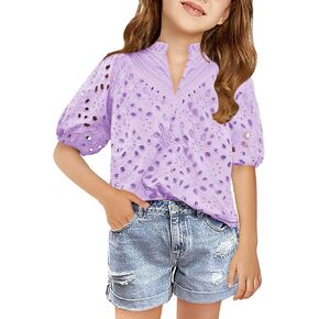 Haloumoning Girls Shirts Puff Sleeve V Neck Tops Summer Cute Hollow Out Dressy Blouses 5-14 Years