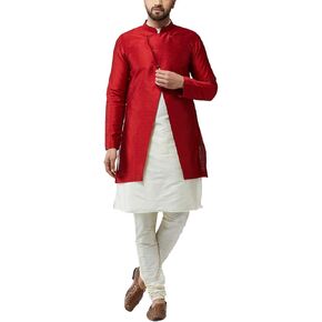 Sojanya (Since 1958, Men's Silk Blend Cream Kurta Churidaar Pyjama & Black Jacket Combo