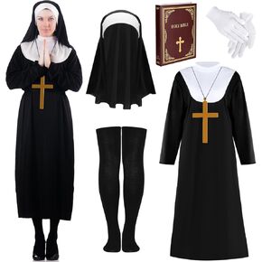 6 Pcs Nun Costume Set Include Nun Robe Collar Cross Pendant Necklace Socks and Gloves for Women Halloween Dress Up