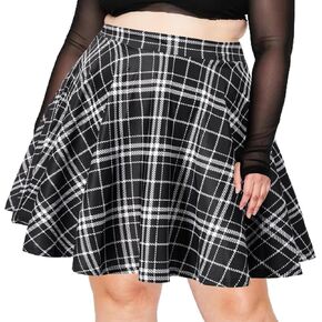 Women's Plus Size Mini Plaid Skirt- Basic High Waisted Flared Casual Stretchy Pleated Skater Skirts