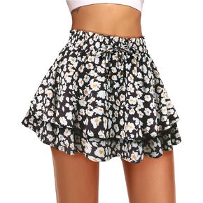Kimmery Women's Boho Ruffle Skirt Floral Tiered Mini Skirts with Shorts Underneath