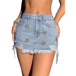 SHENHE Women's Distressed Low Rise Star Print Fringe Frayed Hem Y2k Denim Mini Skirt