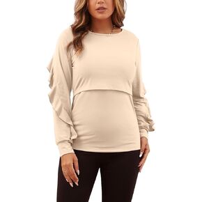 GINKANA Women's Nursing Tops Ruffle Long Sleeve Breastfeeding Double Layer Maternity Casual Tops