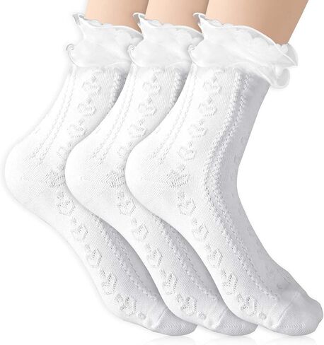 3 Pairs White Ruffle Socks Women Soft Cotton Ruffle Ankle Socks White Frilly Socks for Ladies Gril Princess Lolita Mary Jane Socks in Saudi Arabia