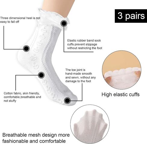 3 Pairs White Ruffle Socks Women Soft Cotton Ruffle Ankle Socks White Frilly Socks for Ladies Gril Princess Lolita Mary Jane Socks in Saudi Arabia