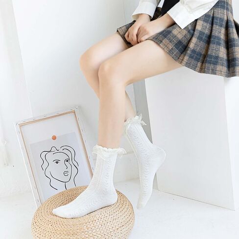 3 Pairs White Ruffle Socks Women Soft Cotton Ruffle Ankle Socks White Frilly Socks for Ladies Gril Princess Lolita Mary Jane Socks in Saudi Arabia