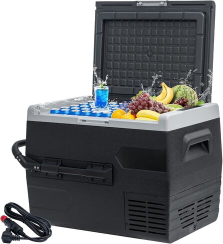 12Volt Car Refrigerator, 50L Portable Freezer/Fridge, DC 12V/24V Camping Cooler with wheels, -4℉~68℉, Basket, Compact Refrigerator for Outdoor, RV, Boat, Travel, Multi-directional Lid, Black in Saudi Arabia