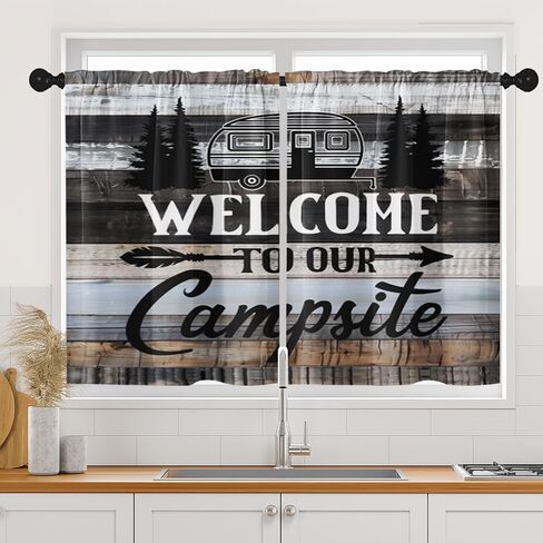 Camper Kitchen Curtains RV Window Curtains Over Sink Set of 2, Camping Tent Bear with Lantern Vintage Rod Pocket Short Tier Curtains for Kitchen, Farmhouse Small Kitchen Decor (26x36 Inch) in Saudi Arabia