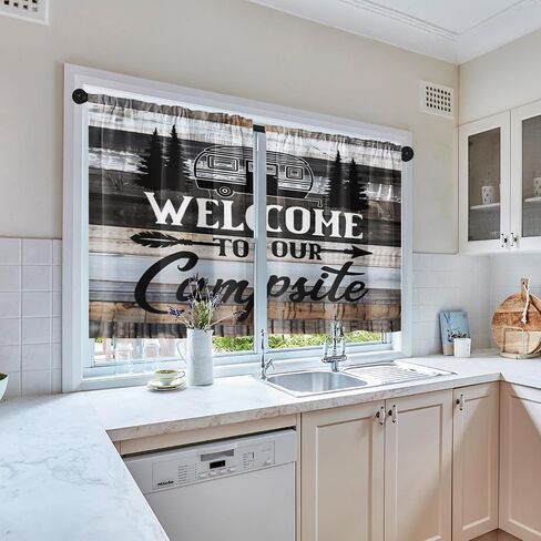 Camper Kitchen Curtains RV Window Curtains Over Sink Set of 2, Camping Tent Bear with Lantern Vintage Rod Pocket Short Tier Curtains for Kitchen, Farmhouse Small Kitchen Decor (26x36 Inch) in Saudi Arabia