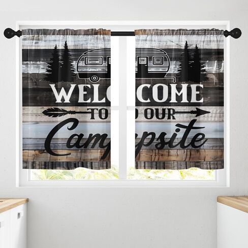 Camper Kitchen Curtains RV Window Curtains Over Sink Set of 2, Camping Tent Bear with Lantern Vintage Rod Pocket Short Tier Curtains for Kitchen, Farmhouse Small Kitchen Decor (26x36 Inch) in Saudi Arabia