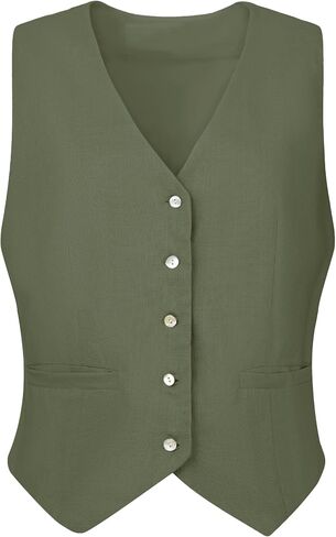 Women's Linen Vest Sleeveless Button Down V Neck Formal Business Waistcoat in Saudi Arabia