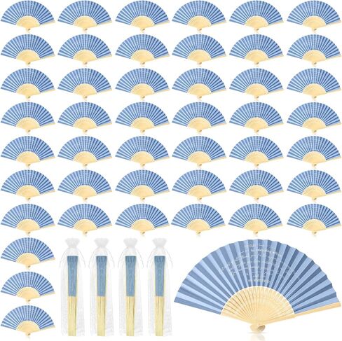 Pinkunn 50 Pieces Paper Folding Fans with Organza Bags Foldable Bamboo Fans Paper Hand Fans Bulk for Wedding Guests Bridesmaid Bridal Shower Party Favors Decor (Haze Blue) in Saudi Arabia