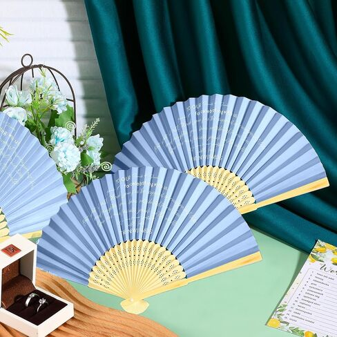 Pinkunn 50 Pieces Paper Folding Fans with Organza Bags Foldable Bamboo Fans Paper Hand Fans Bulk for Wedding Guests Bridesmaid Bridal Shower Party Favors Decor (Haze Blue) in Saudi Arabia