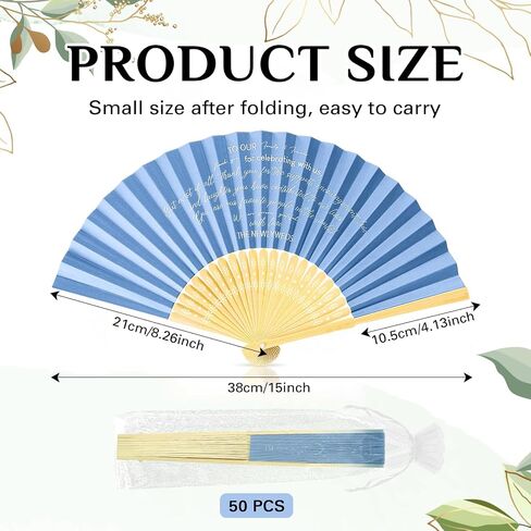 Pinkunn 50 Pieces Paper Folding Fans with Organza Bags Foldable Bamboo Fans Paper Hand Fans Bulk for Wedding Guests Bridesmaid Bridal Shower Party Favors Decor (Haze Blue) in Saudi Arabia