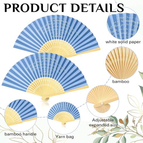Pinkunn 50 Pieces Paper Folding Fans with Organza Bags Foldable Bamboo Fans Paper Hand Fans Bulk for Wedding Guests Bridesmaid Bridal Shower Party Favors Decor (Haze Blue) in Saudi Arabia